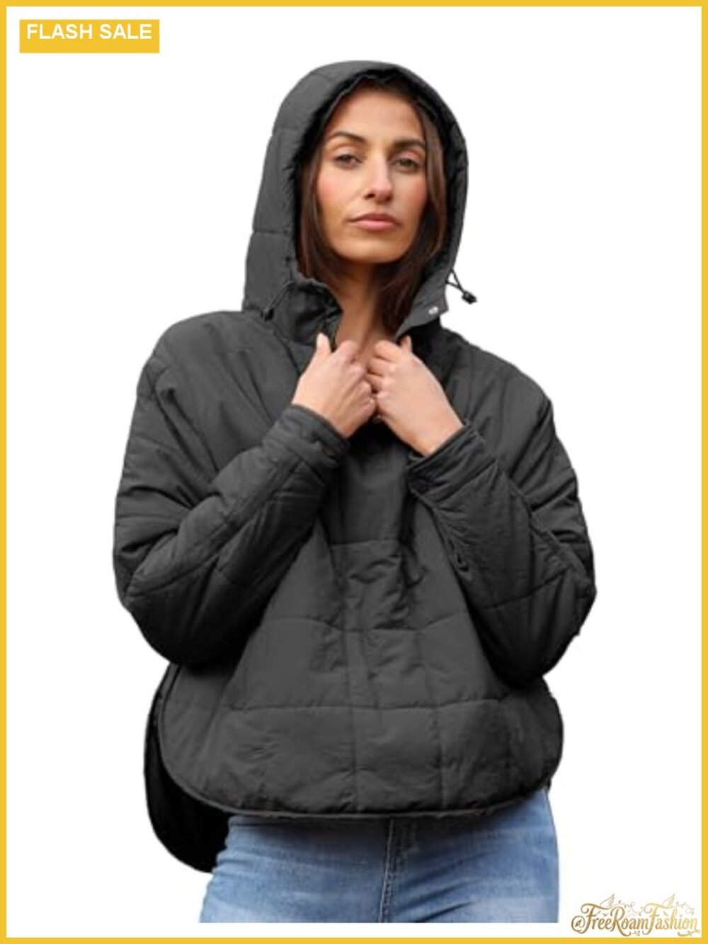 Quilted Lightweight Puffer Jacket Dolman Sleeve Button Down Hooded Coat